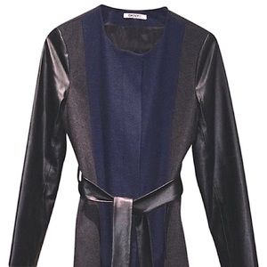 Navy and Gray Leather Wool Classic Coat